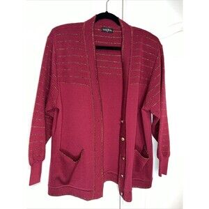 Martha Womens Knit Sweater Cardigan Red Gold Shoulder Pads Vintage Granny Core